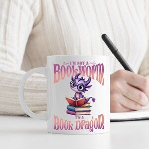 Adorable Book Dragon Mug - Perfect for Fantasy Book Lovers - 11oz White Ceramic